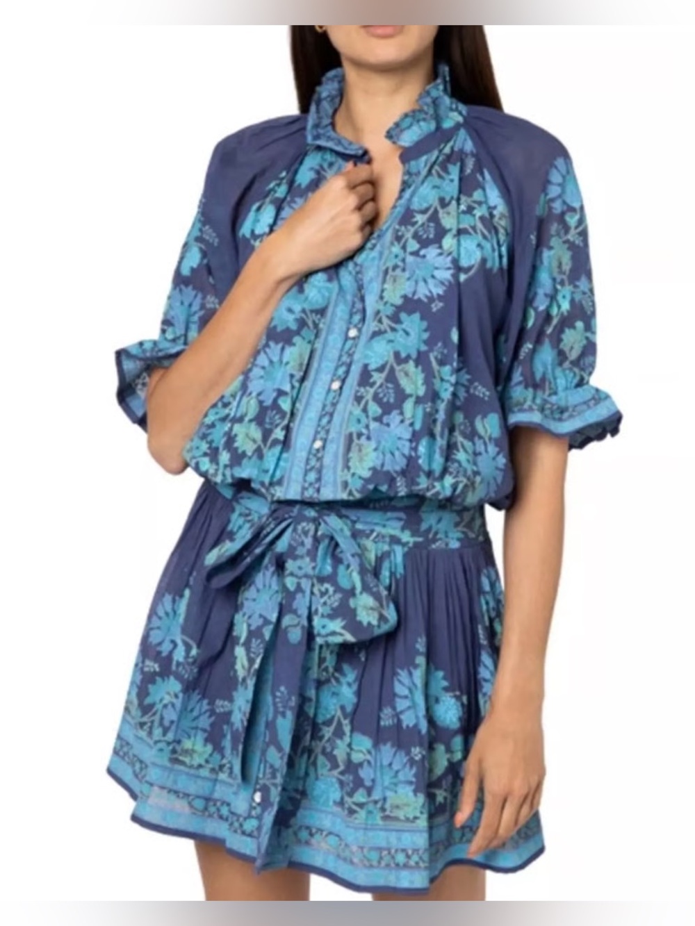 JULIET DUNN Blouson Floral Tie-Waist Mini Dress